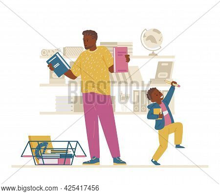African American Family Buying School Supplies. Father And Son Firstgrader Getting Ready For School 