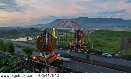 Aerial View Of The Kalikuto Bridge, An Iconic Red Bridge At Trans Java Toll Road, Batang When Sunris
