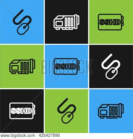 Set Line Computer Mouse, Sshd Card And Video Graphic Icon. Vector