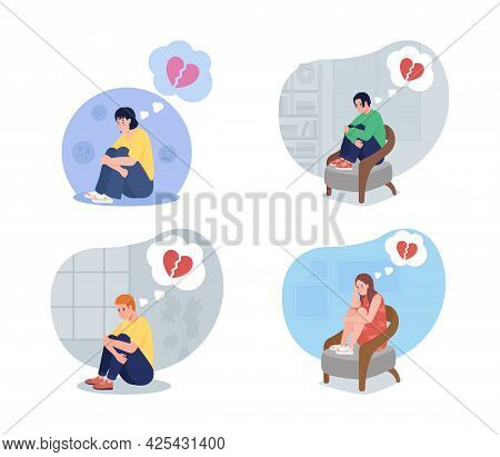 Lonely Teen Upset Over Breakup 2d Vector Isolated Illustration Set. Boy And Girl Depressed Over Hear