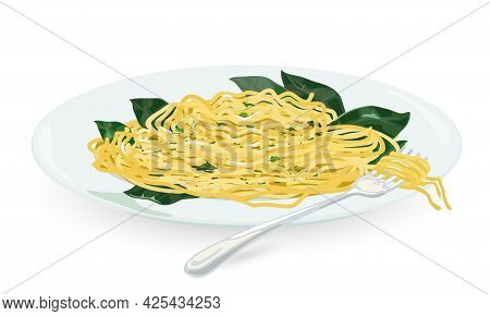 Cartoon Of Traditional Italian Dish Aglio Olio, Cooked Pasta With Garlic And Olive Oil, Added Greene