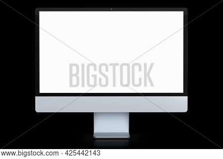 Realistic Grey Computer Screen Display Isolated On Black Background.