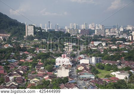 The City Of Air Itam, Penang Malaysia Seen From An Aerial View From The Kek Lok Si Temple Atop Penan
