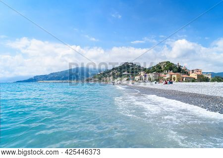 Mediterranean Sea Coast And Old Town Of Ventimiglia, Italy, Liguria Region