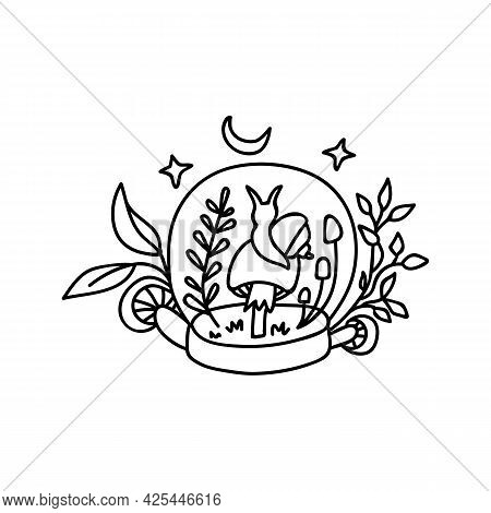 Single Hand Drawn Snail Sits On A Mushroom And Looks At The Moon. Doodle Vector Illustration. Isolat