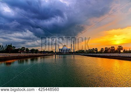 Beautiful Landscape Light With Colorful Sky  Before Sunset At The Central Mosque Of Songkhla, Hat Ya
