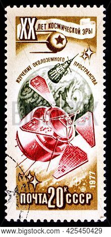 Russia, Ussr - Circa 1977: A Postage Stamp From Ussr Showing Interkosmos 20 Years Of The Space Age