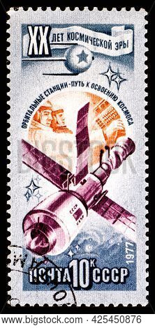 Russia, Ussr - Circa 1977: A Postage Stamp From Ussr Showing Interkosmos 20 Years Of The Space Age