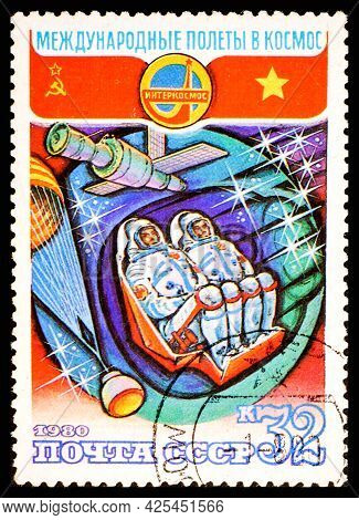 Russia, Ussr - Circa 1980: A Postage Stamp From Ussr Showing Interkosmos International Space Flight