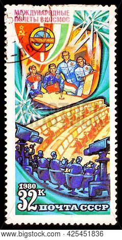 Russia, Ussr - Circa 1980: A Postage Stamp From Ussr Showing Interkosmos International Space Flight