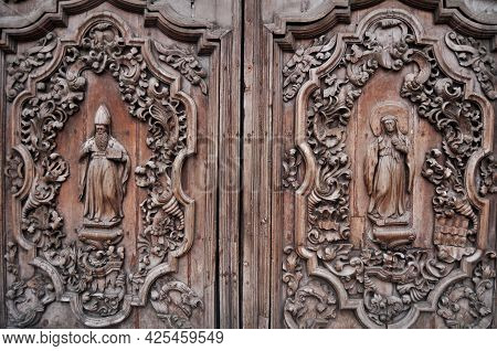 Antique Carving Wooden Door Window Of Convento De San Agustin Church Or Archdiocesan Shrine Of Nuest