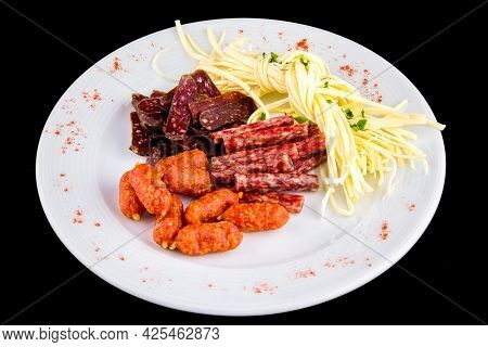 Beer Appetizer: Cecil Cheese, Picolini Sausages, Sujuk, Jorki. Plate With Delicious Sliced Smoked Sa