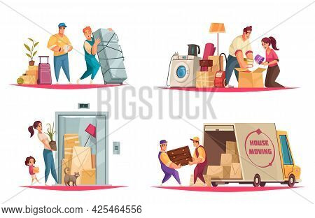 House Moving Service Concept 4 Cartoon Compositions With Movers Packers Carrying Family Belongings I