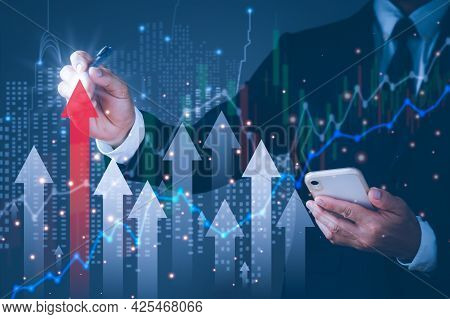 Businessman Pointing Red Arrow Graph Corporate Future Growth Plan And Increase Percentage.concept Is
