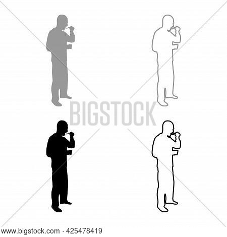 Man Trying Food From Spoon Standing Tasting Concept Gourmet Tries Dish Chef Trying Silhouette Grey B