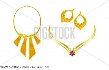 Jewellery Or Jewelry Item As Personal Adornment With Earrings And Necklace Vector Set