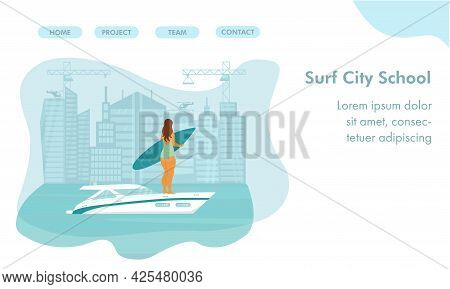 Speed Yacht With Surfer Body Positive Woman In Sea, Ocean. Landing Page For Surf, Surfing School. Ve