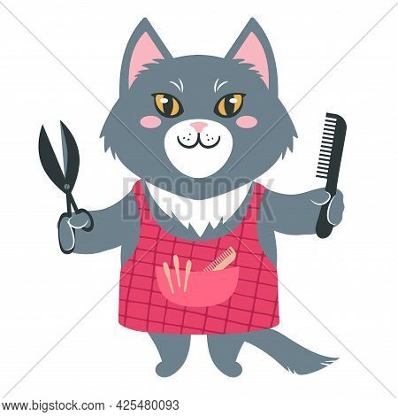 Vector Illustration Of A Cute Cartoon Cat In An Apron With Scisors And Comb