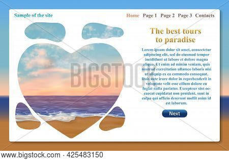 One Page Of Website Related To Vacation Trips And Tours. Vector Template With Text And Tourist Landm