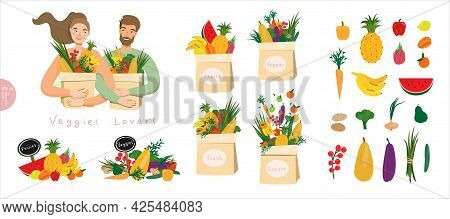 Vegan And Vegetarian Food Set. Happy People With Packages Of Raw Vegetables And Fresh Fruits Bundle.
