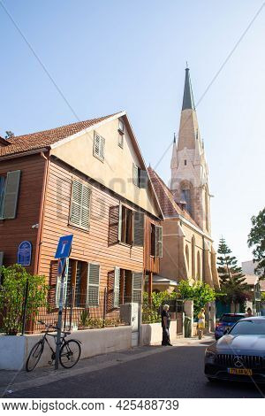 Tel Aviv, Israel - June 11, 2021: American-german Colony Buildings - Immanuel Church, Maine Friendsh