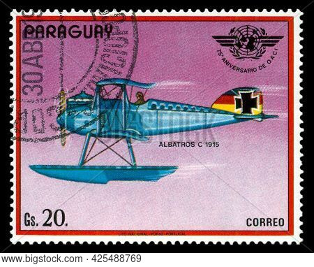 Stavropol, Russia - June  30  2021:: A Stamp Printed By Paraguay,  Shows  Old Plane  Albatros C 1915