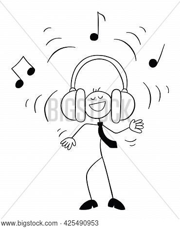 Stickman Businessman Character Listening To Loud Music With Big Earphones, Vector Cartoon Illustrati