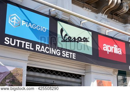 Sète , Ocitanie France  - 06 30 2021 : Piaggio Vespa And Aprilia Dealership Sign Text And Brand Logo