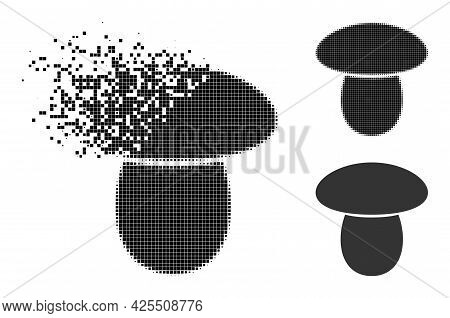 Disappearing Pixelated Mushroom Glyph With Halftone Version. Vector Destruction Effect For Mushroom 