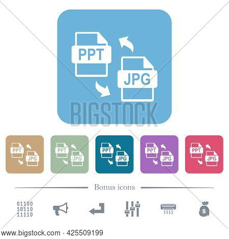 Ppt Jpg File Conversion White Flat Icons On Color Rounded Square Backgrounds. 6 Bonus Icons Included