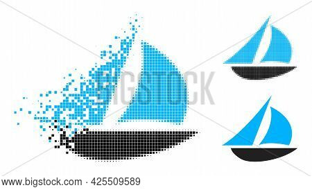 Dispersed Dot Sailing Boat Icon With Halftone Version. Vector Wind Effect For Sailing Boat Icon. Pix