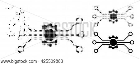 Disintegrating Pixelated Digital Tech Icon With Halftone Version. Vector Destruction Effect For Digi