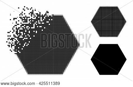 Disappearing Dot Hexagon Icon With Halftone Version. Vector Destruction Effect For Hexagon Icon. Pix