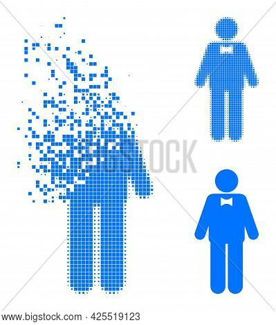 Destructed Pixelated Groom Glyph With Halftone Version. Vector Wind Effect For Groom Icon. Pixel Def