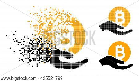 Fragmented Pixelated Bitcoiin Donation Hand Icon With Halftone Version. Vector Wind Effect For Bitco