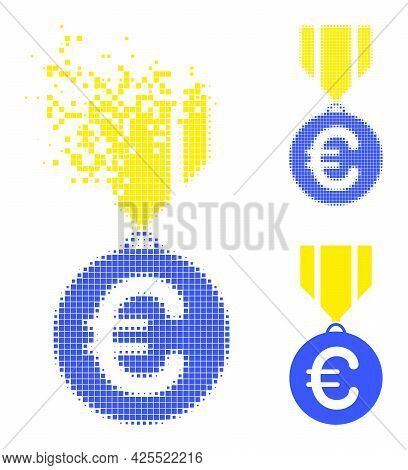Moving Pixelated Euro Medal Icon With Halftone Version. Vector Destruction Effect For Euro Medal Sym