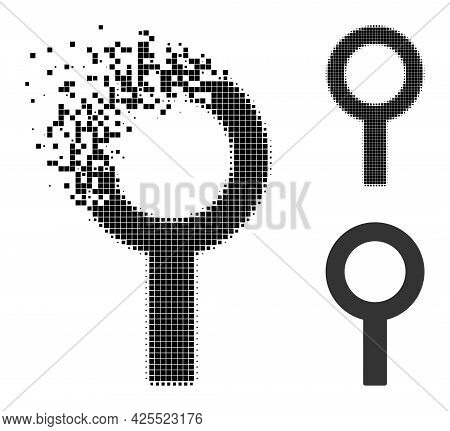 Dissolving Pixelated Barren Gender Symbol Glyph With Halftone Version. Vector Wind Effect For Barren