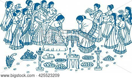 Sketch Of Indian Wedding Card Or Marriage Rituals Editable Outline Illustration And Design Elements