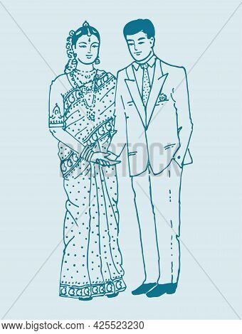 Sketch Of Indian Wedding Card Or Marriage Rituals Editable Outline Illustration And Design Elements