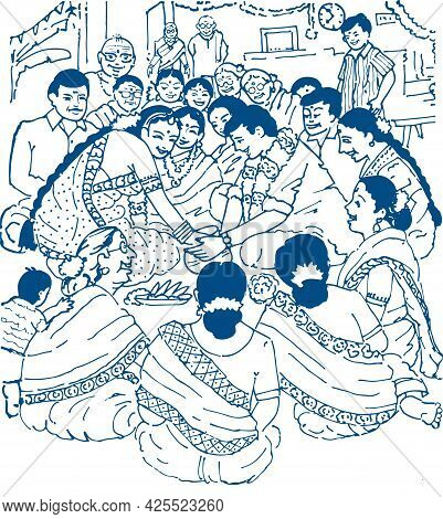 Sketch Of Indian Wedding Card Or Marriage Rituals Editable Outline Illustration And Design Elements
