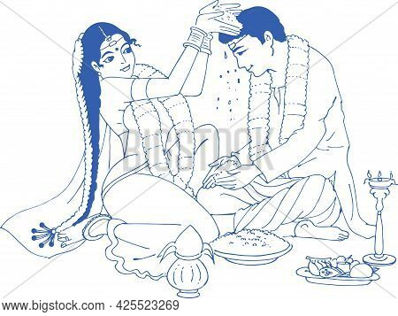 Sketch Of Indian Wedding Card Or Marriage Rituals Editable Outline Illustration And Design Elements