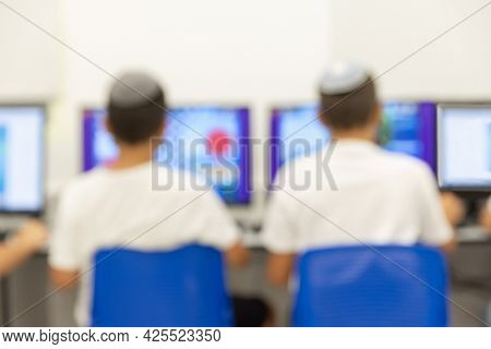 Jewish boys with kippah  in the computer classroom, Blur Image For background usage, Jewish School, Israeli Kids, Israel 
