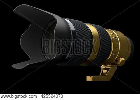 Modern Nonexistent Gold Dslr Telephoto Camera Lens On Black Background. 3d Rendering And Illustratio