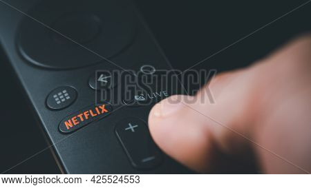 Smuthprakarn / Thailand - June 5 2021: Detail Of Remote Control With A Netflix Button. Netflix Is An