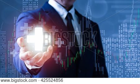 Businessman Wear A Suit ,his Hand Touching Plus Sign Icon Means To Offer Positive Thing.concept Is B