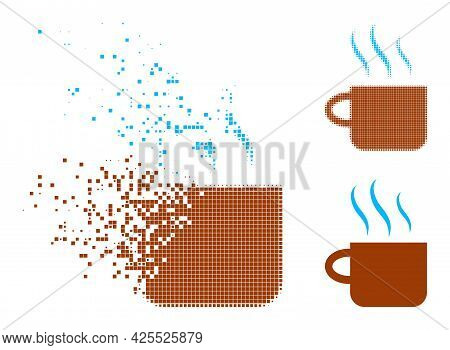 Damaged Pixelated Hot Tea Cup Glyph With Halftone Version. Vector Destruction Effect For Hot Tea Cup