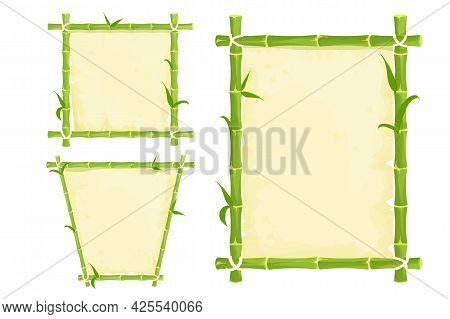 Set Of Green Bamboo Frames With Leaves And Old Parchment, Rope In Cartoon Style Isolated On White Ba