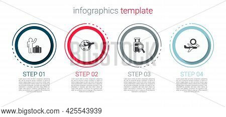 Set Tourist With Suitcase, Globe Flying Plane, Lost Baggage And Airplane Search. Business Infographi