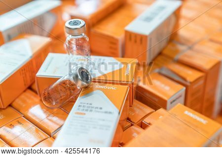 Bangkok, Thailand - 7 July 2021: Sinovac Vaccine, Coronavac Vaccination For Covid-19 Coronavirus Pro