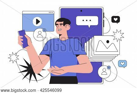 Young Man Look At Smartphone Screen And Chatting, Reffering A Friend Or Presenting New Application O